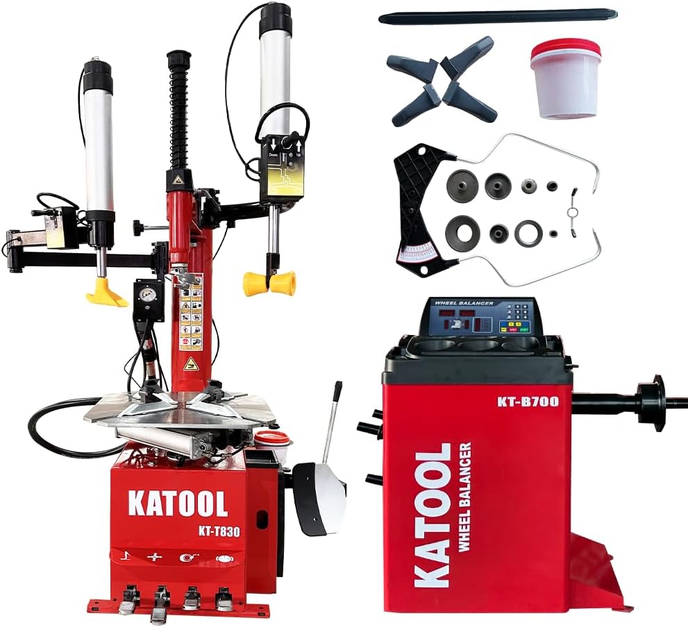 KATOOL KT-T830 tire changer in a small auto repair shop